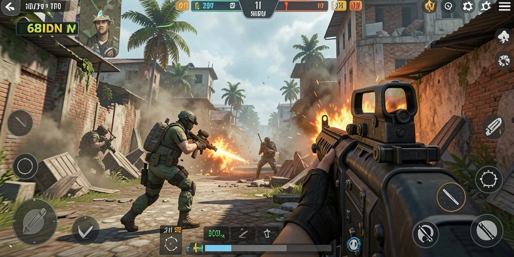 Tampilan gameplay menegangkan dalam 68IDN dengan aksi tembak-menembak.