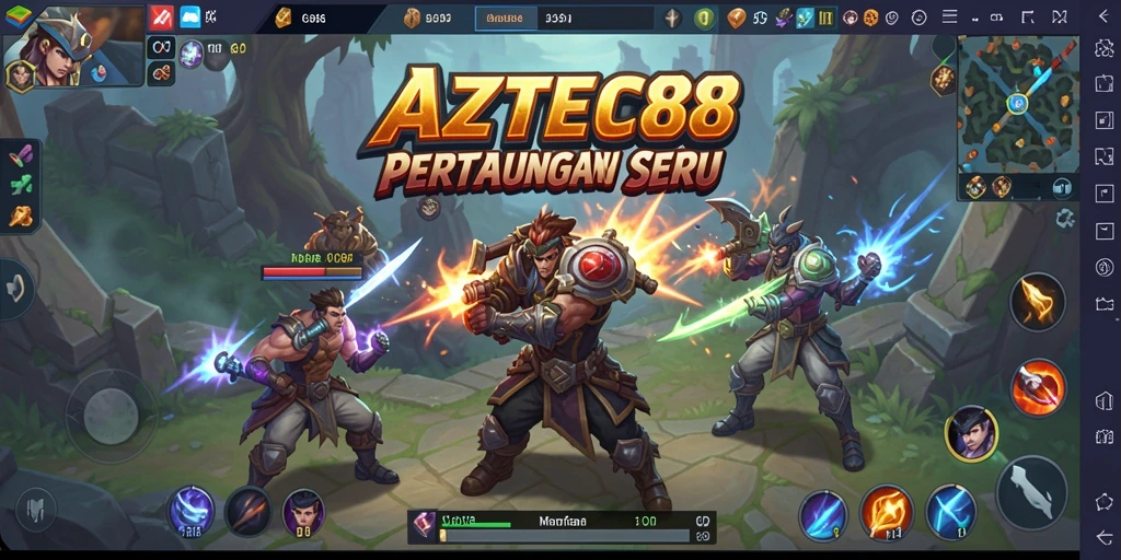 Tampilan seru dari gameplay AZTEC88 di arena MOBA.