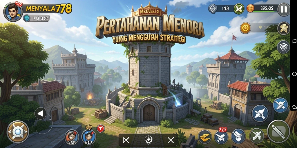 Tampilan gameplay MENYALA78 dengan aksi menara mempertahankan dari serangan musuh.