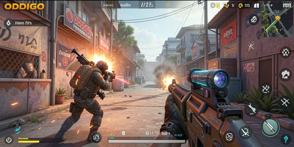 Screenshot utama ODDIGO menunjukkan aksi pertempuran yang mendebarkan dalam gameplay FPS.
